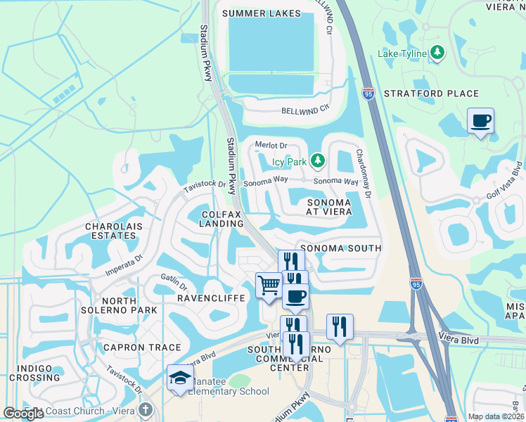 map of restaurants, bars, coffee shops, grocery stores, and more near 4867 Merlot Drive in Rockledge
