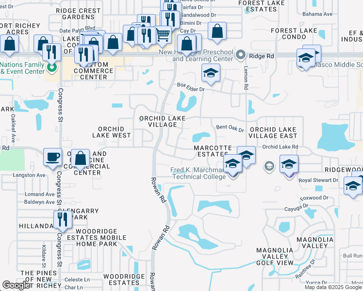 map of restaurants, bars, coffee shops, grocery stores, and more near 7119 Vista Way in Port Richey
