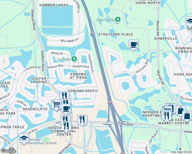 map of restaurants, bars, coffee shops, grocery stores, and more near 4451 Chardonnay Drive in Rockledge