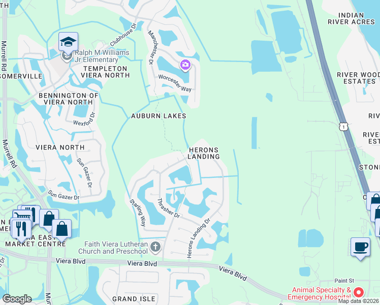 map of restaurants, bars, coffee shops, grocery stores, and more near 6021 Herons Landing Drive in Rockledge