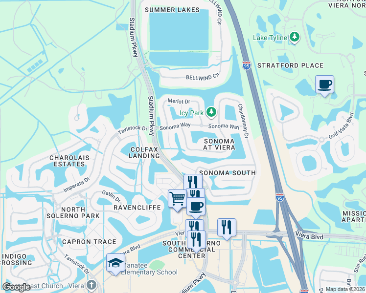 map of restaurants, bars, coffee shops, grocery stores, and more near 4867 Merlot Drive in Rockledge