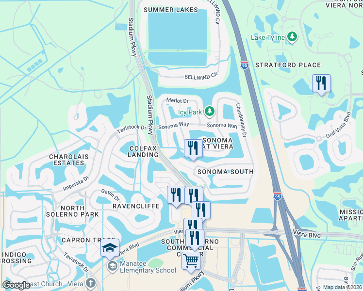 map of restaurants, bars, coffee shops, grocery stores, and more near 4867 Merlot Drive in Rockledge