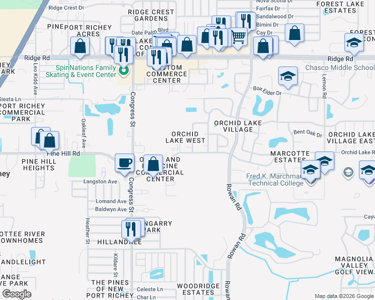 map of restaurants, bars, coffee shops, grocery stores, and more near 6748 Anthony Court in Port Richey