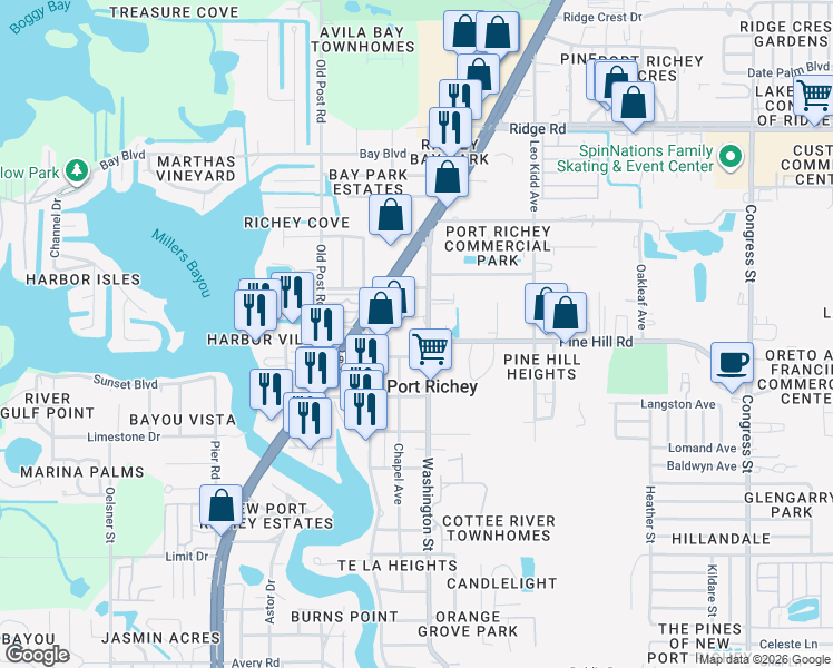 map of restaurants, bars, coffee shops, grocery stores, and more near 8003 Washington St in Port Richey