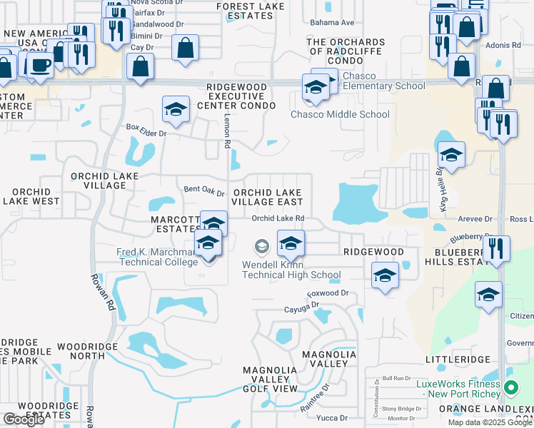 map of restaurants, bars, coffee shops, grocery stores, and more near 8005 Banister Lane in Port Richey