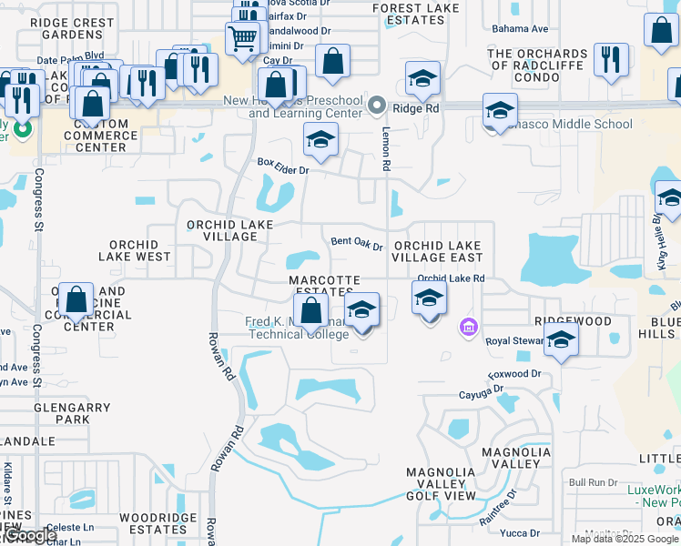 map of restaurants, bars, coffee shops, grocery stores, and more near 7317 Orchid Lake Road in New Port Richey