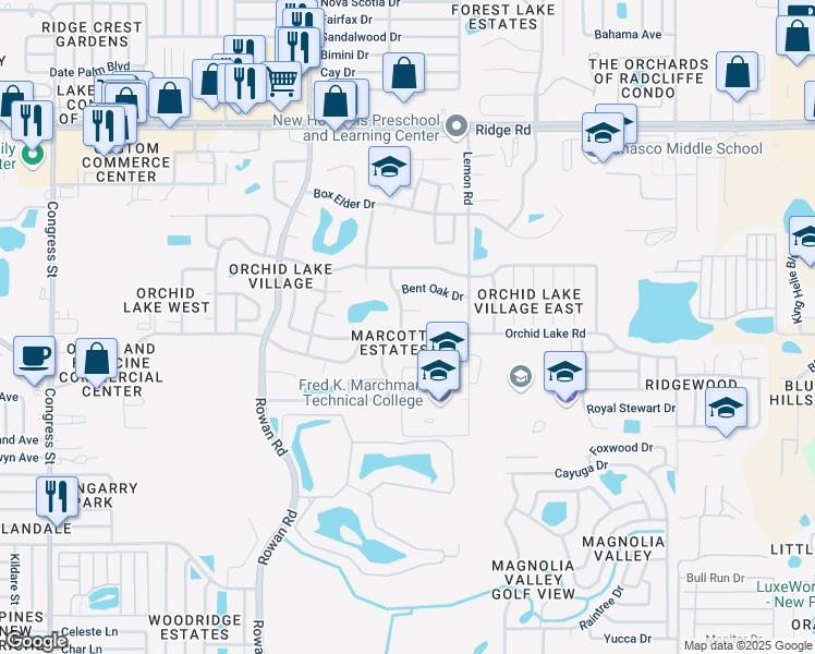 map of restaurants, bars, coffee shops, grocery stores, and more near 7317 Orchid Lake Road in New Port Richey
