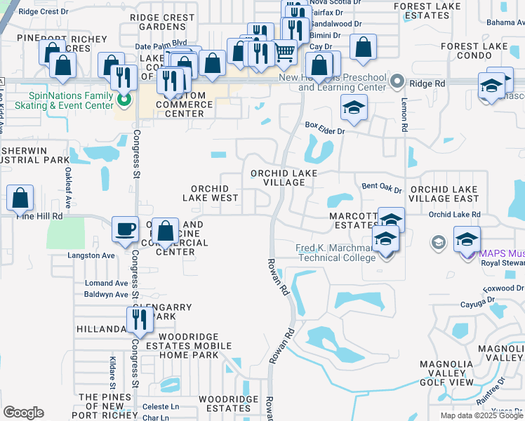 map of restaurants, bars, coffee shops, grocery stores, and more near 6963 Bottle Brush Drive in Port Richey