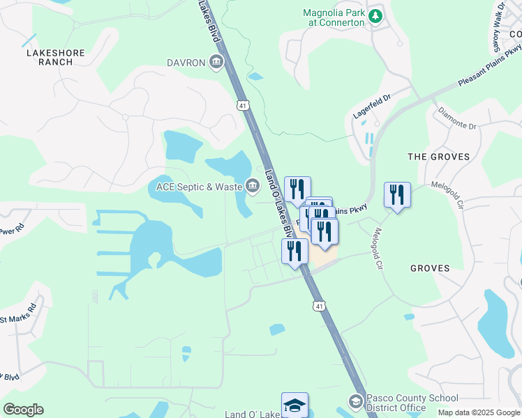 map of restaurants, bars, coffee shops, grocery stores, and more near 7839 Land O' Lakes Boulevard in Land O' Lakes