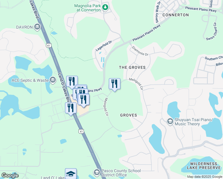 map of restaurants, bars, coffee shops, grocery stores, and more near 7942 Shaddock Place in Land O' Lakes