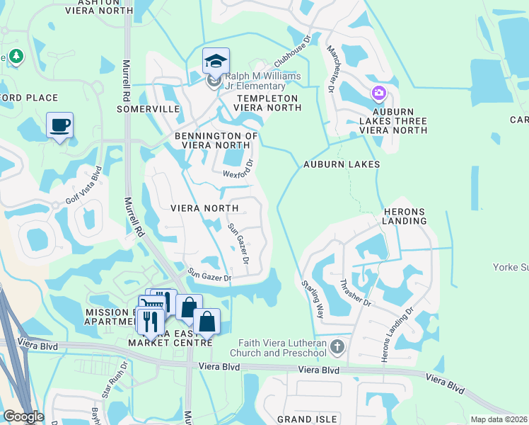 map of restaurants, bars, coffee shops, grocery stores, and more near 1797 Sun Gazer Drive in Rockledge