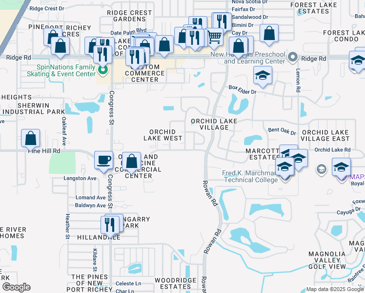 map of restaurants, bars, coffee shops, grocery stores, and more near 6834 Acacia Court in Port Richey