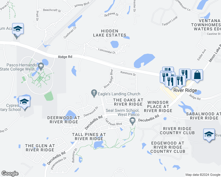 map of restaurants, bars, coffee shops, grocery stores, and more near 8010 Hathaway Drive in New Port Richey