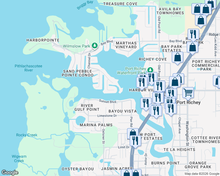 map of restaurants, bars, coffee shops, grocery stores, and more near 8020 Island Drive in Port Richey