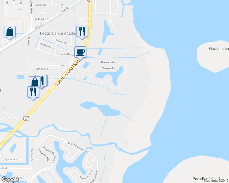 map of restaurants, bars, coffee shops, grocery stores, and more near 847 Hacienda Circle in Kissimmee