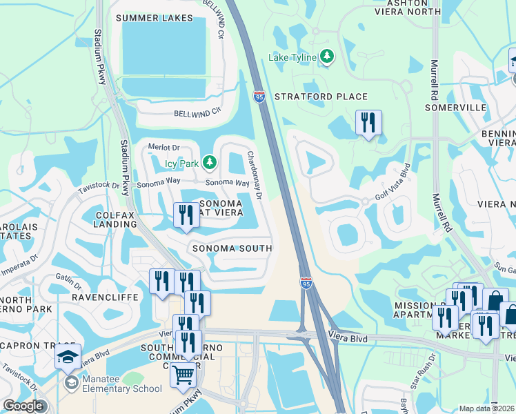 map of restaurants, bars, coffee shops, grocery stores, and more near 4451 Chardonnay Drive in Rockledge