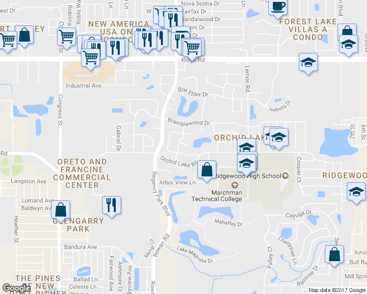 map of restaurants, bars, coffee shops, grocery stores, and more near Beechdale Court in Pinellas County