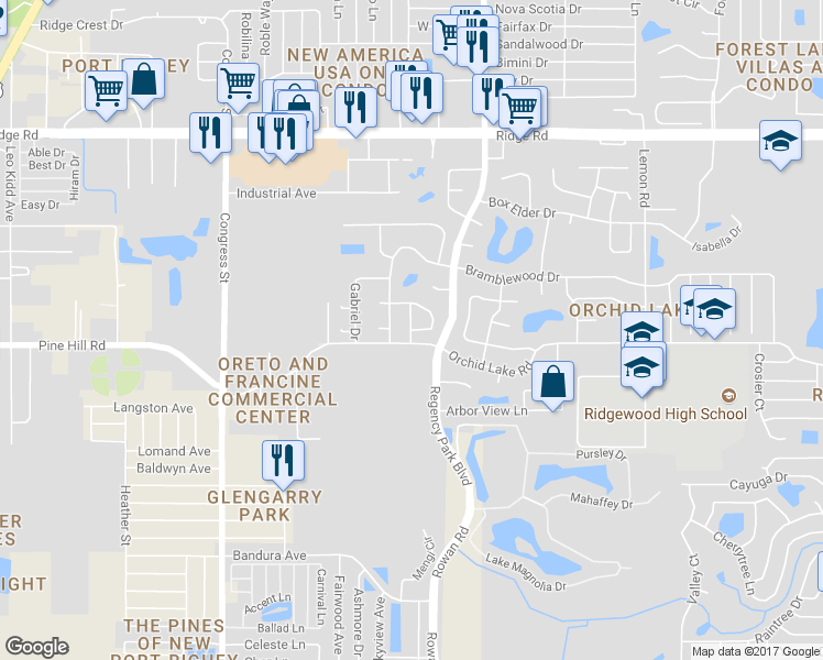 map of restaurants, bars, coffee shops, grocery stores, and more near 6998 Bottle Brush Drive in Port Richey
