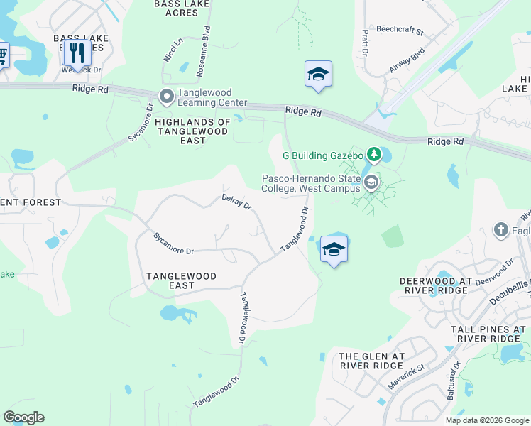 map of restaurants, bars, coffee shops, grocery stores, and more near 9761 Delray Drive in New Port Richey