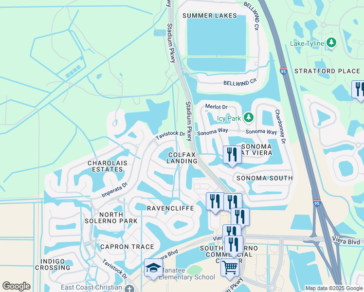 map of restaurants, bars, coffee shops, grocery stores, and more near 3371 Thurloe Drive in Rockledge