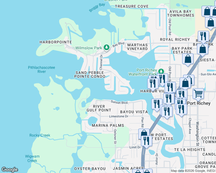 map of restaurants, bars, coffee shops, grocery stores, and more near 8010 Brighton Drive in Port Richey