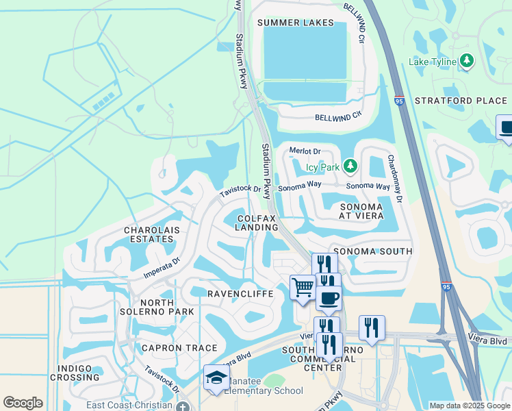 map of restaurants, bars, coffee shops, grocery stores, and more near 3371 Thurloe Drive in Rockledge