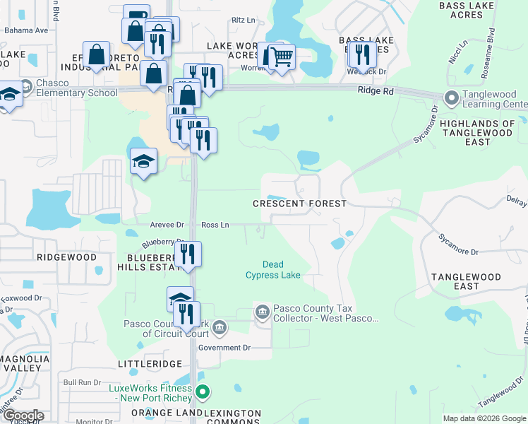 map of restaurants, bars, coffee shops, grocery stores, and more near 8711 Crescent Forest Boulevard in New Port Richey