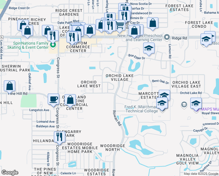 map of restaurants, bars, coffee shops, grocery stores, and more near 6963 Bottle Brush Drive in Port Richey