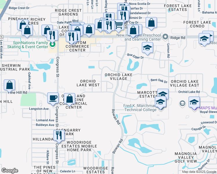 map of restaurants, bars, coffee shops, grocery stores, and more near 6963 Bottle Brush Drive in Port Richey