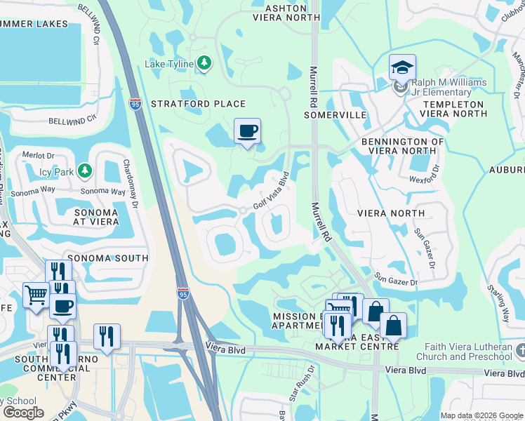 map of restaurants, bars, coffee shops, grocery stores, and more near 2644 Addington Circle in Rockledge