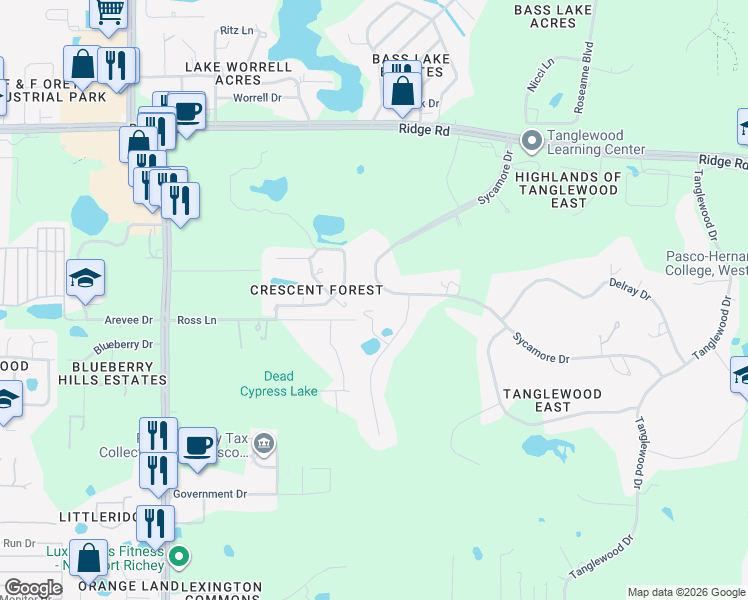 map of restaurants, bars, coffee shops, grocery stores, and more near 7951 Callan Court in New Port Richey