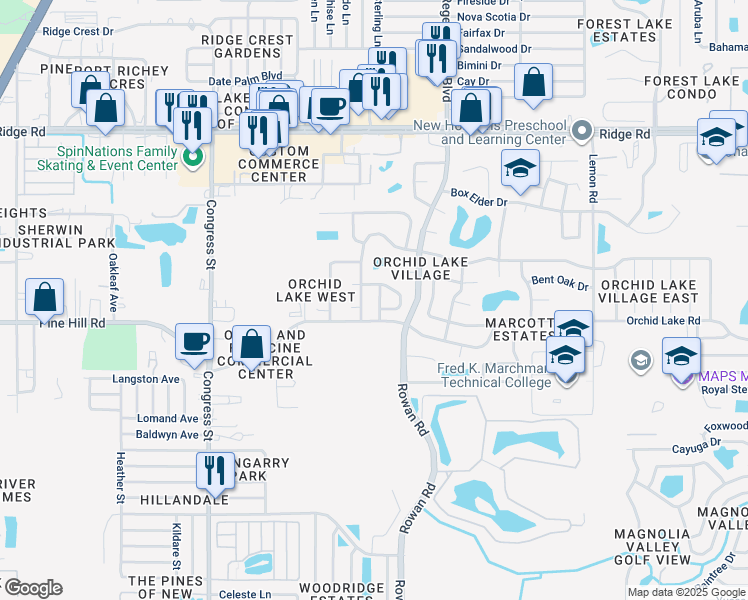 map of restaurants, bars, coffee shops, grocery stores, and more near 6834 Acacia Court in Port Richey