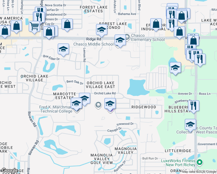 map of restaurants, bars, coffee shops, grocery stores, and more near 8004 Buttonball Lane in Port Richey