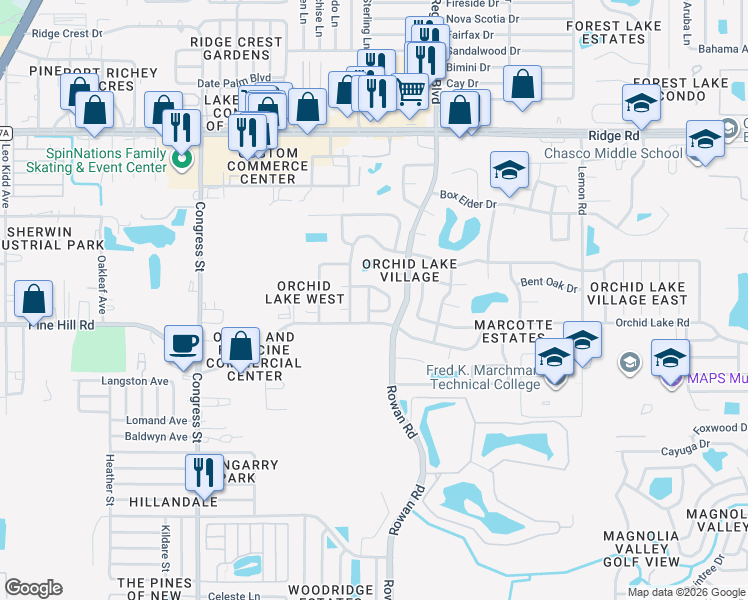 map of restaurants, bars, coffee shops, grocery stores, and more near 8022 Idle Briar Lane in Port Richey