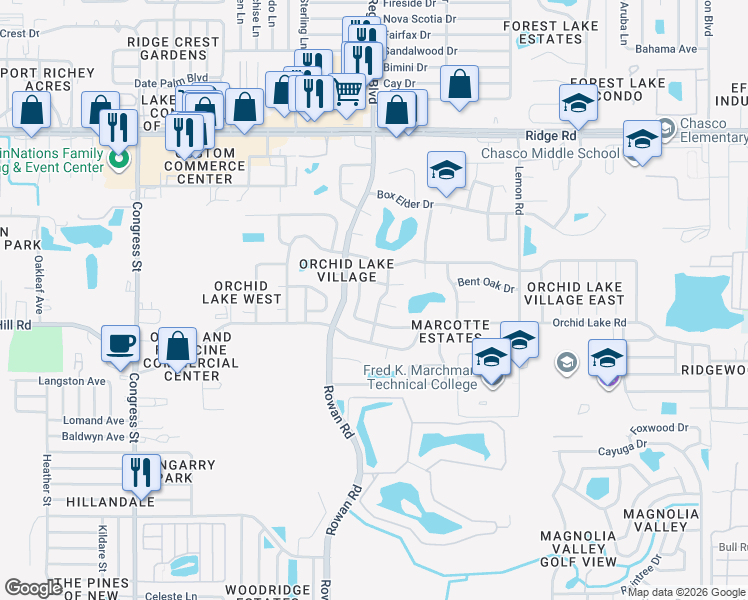 map of restaurants, bars, coffee shops, grocery stores, and more near 8019 Cedar Run Drive in Port Richey