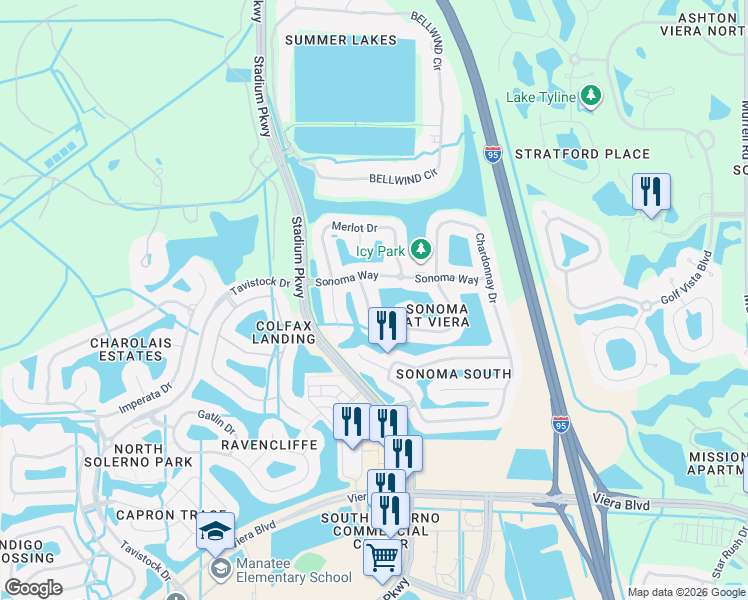 map of restaurants, bars, coffee shops, grocery stores, and more near 4845 Pinot Street in Rockledge