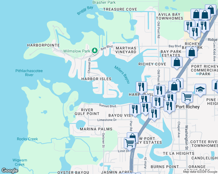 map of restaurants, bars, coffee shops, grocery stores, and more near 5033 Waterside Drive in Port Richey