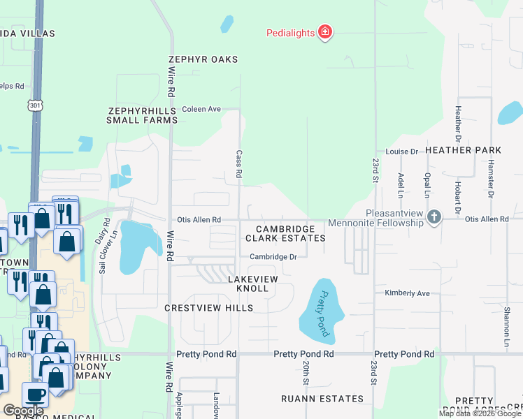map of restaurants, bars, coffee shops, grocery stores, and more near 38822 Whisperwood Drive in Zephyrhills