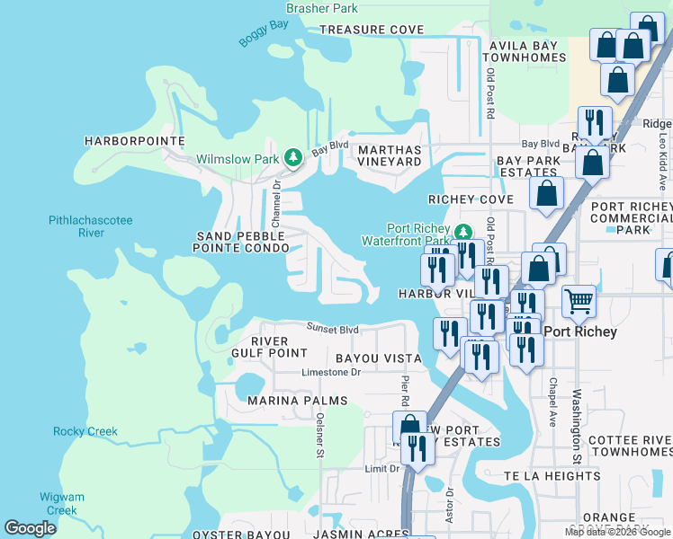 map of restaurants, bars, coffee shops, grocery stores, and more near 5040 Waterside Drive in Port Richey