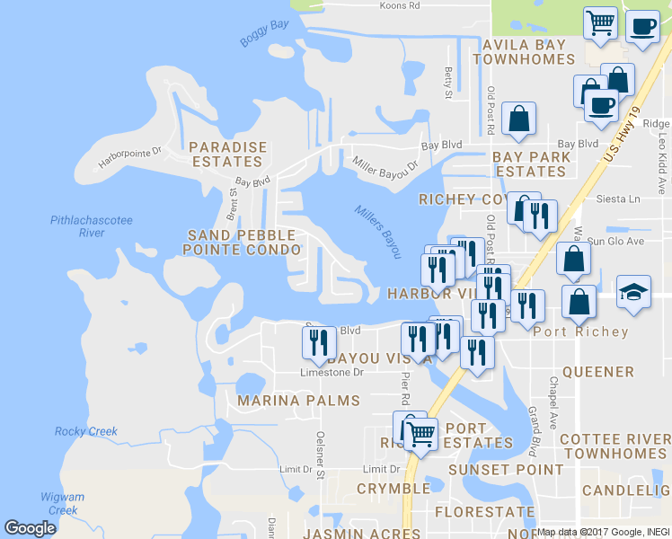 map of restaurants, bars, coffee shops, grocery stores, and more near 5040 Waterside Drive in Port Richey
