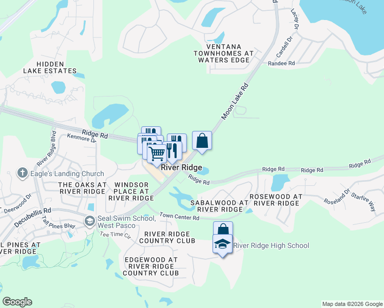 map of restaurants, bars, coffee shops, grocery stores, and more near 8275 Moon Lake Road in New Port Richey