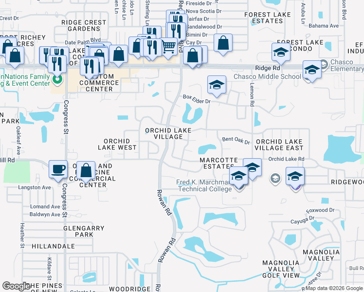 map of restaurants, bars, coffee shops, grocery stores, and more near 8035 Laurel Vista Loop in Port Richey