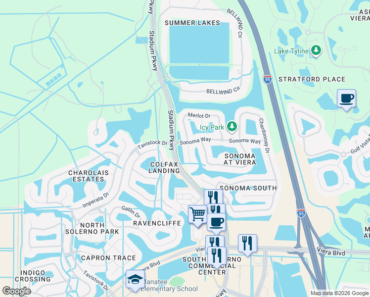 map of restaurants, bars, coffee shops, grocery stores, and more near 4816 Merlot Drive in Rockledge