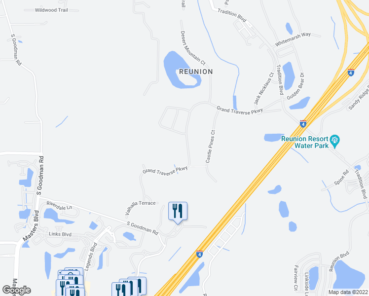 map of restaurants, bars, coffee shops, grocery stores, and more near 1140 Grand Traverse Parkway in Four Corners