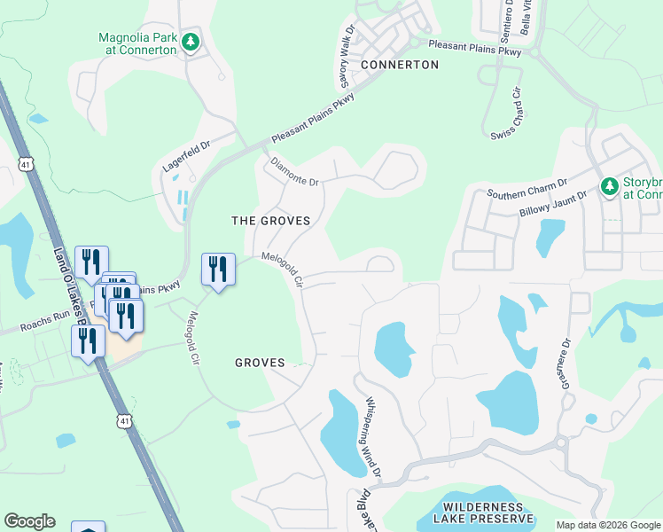 map of restaurants, bars, coffee shops, grocery stores, and more near 21009 Tangor Road in Land O' Lakes