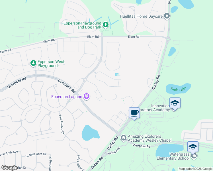 map of restaurants, bars, coffee shops, grocery stores, and more near 31819 Blue Passing Loop in Wesley Chapel