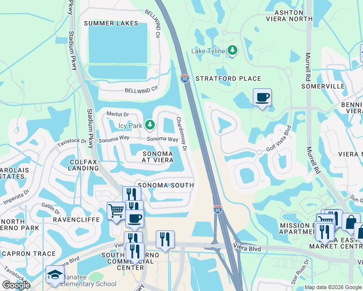map of restaurants, bars, coffee shops, grocery stores, and more near 4491 Chardonnay Drive in Rockledge