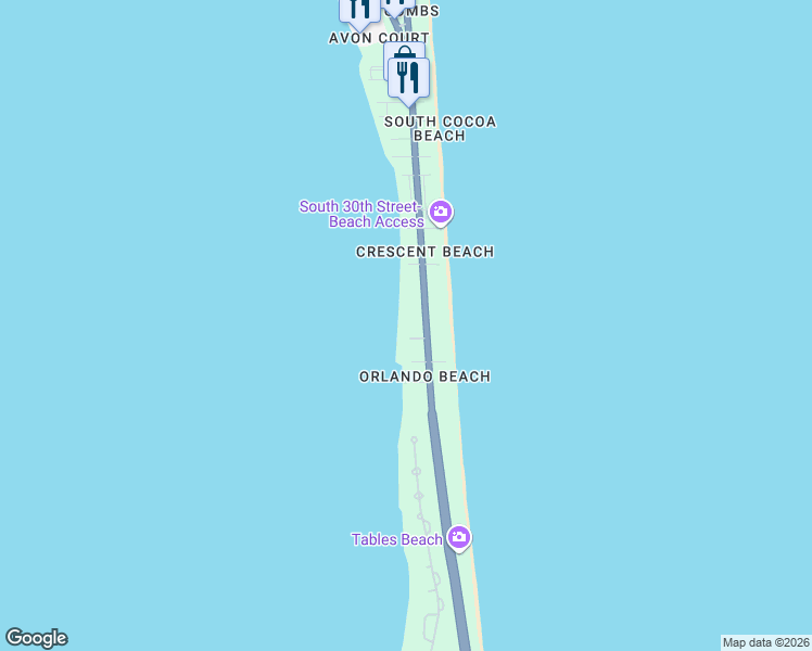 map of restaurants, bars, coffee shops, grocery stores, and more near 3408 South Atlantic Avenue in Cocoa Beach