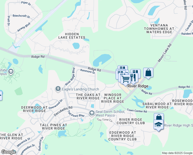 map of restaurants, bars, coffee shops, grocery stores, and more near 8044 Chadwick Drive in New Port Richey