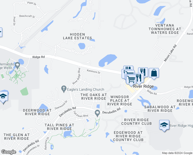 map of restaurants, bars, coffee shops, grocery stores, and more near 11012 Bentwood Court in New Port Richey